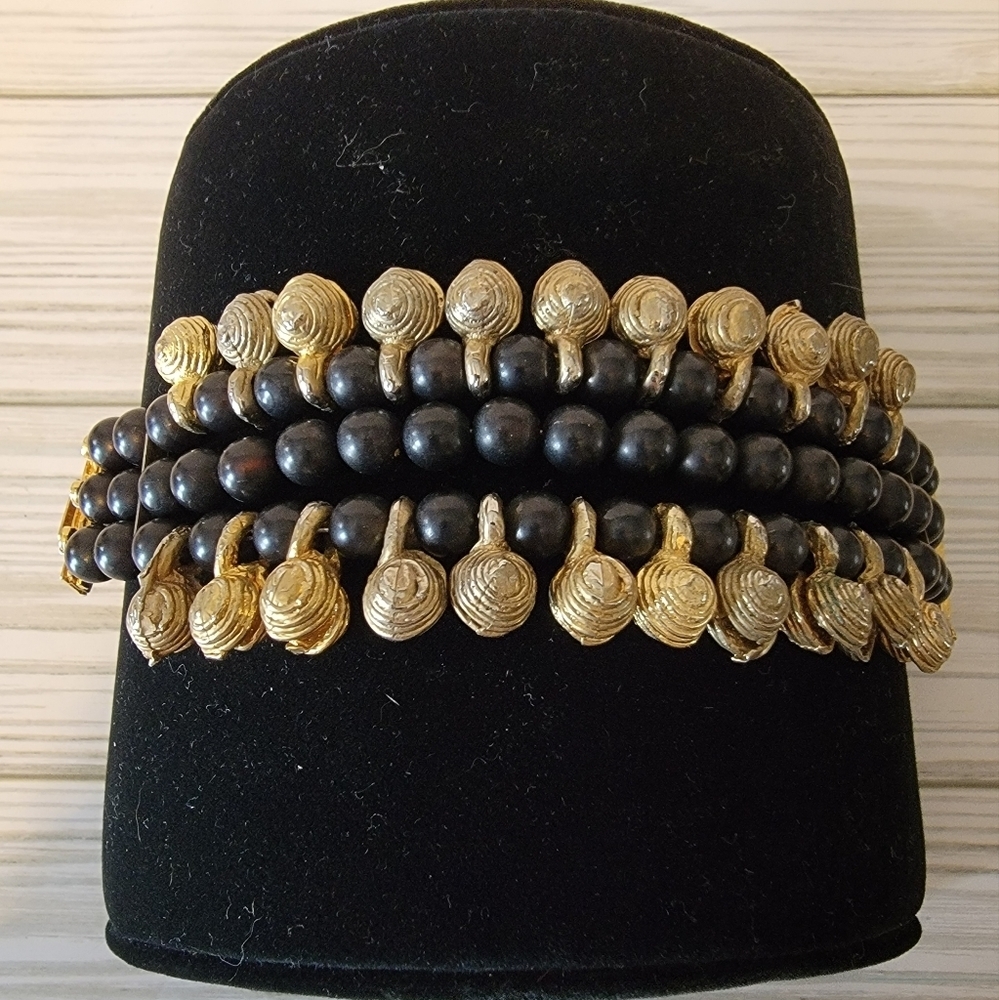 Vintage Black Metal Bead Bracelet Gold Tone Bell Dangles 3 Strand